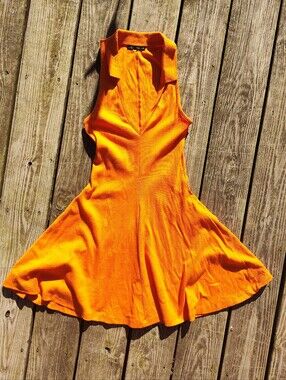 Zara Collared Orange Sleeveless Tennis Mini Dress Small Deep V Preppy Ribbed